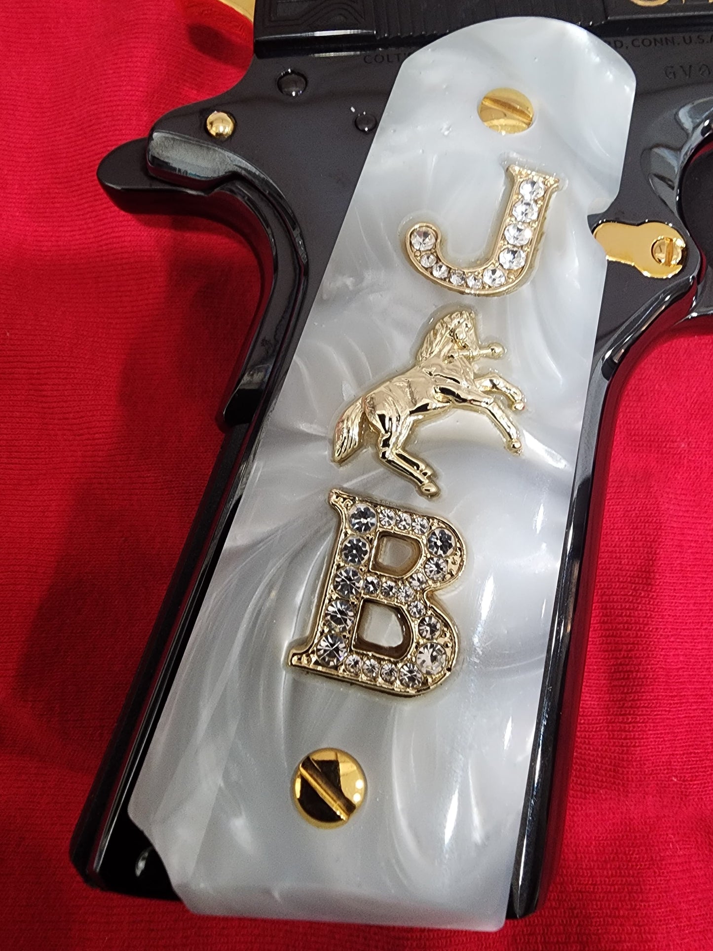 1911 White Pearlite Grips Gold plated “J” Horse “B” Inlays with 24K Gold Plated Screws