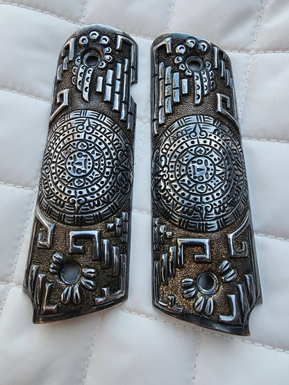 *EXTREMELY RARE*  Genuine 9.25 Sterling Silver 1911 Pistol Grips – Aztec Calendar Design – 106g – Handcrafted Luxury Silver Mexican Vintage Engraved