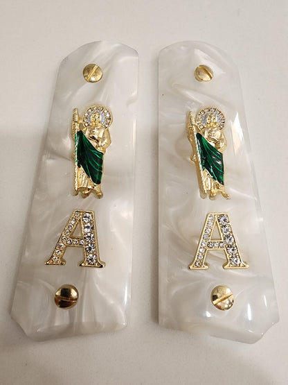 1911 White Pearlite San Judas Gold & Crystal “A” Grips – .45 ACP / .38 Super
 (Gold Plated Screws)