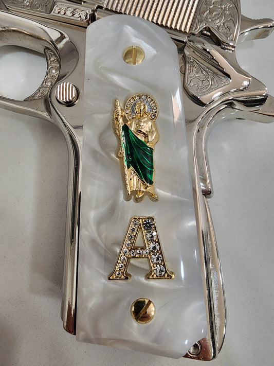 1911 White Pearlite San Judas Gold & Crystal “A” Grips – .45 ACP / .38 Super
 (Gold Plated Screws)