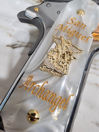 1911 White Pearlite Grip San Miguel Archangel Plated with CZ stones – Government Model Full Size