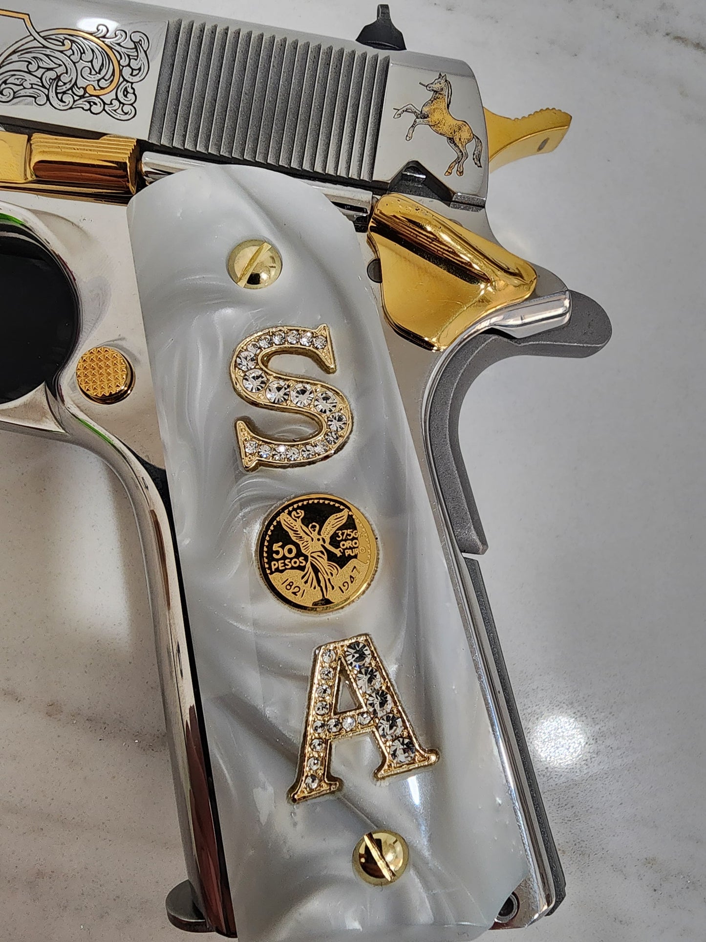 1911 “S” “Centenario” “A” 24k Gold Plated Inlayed CZ stones Grips Pearl