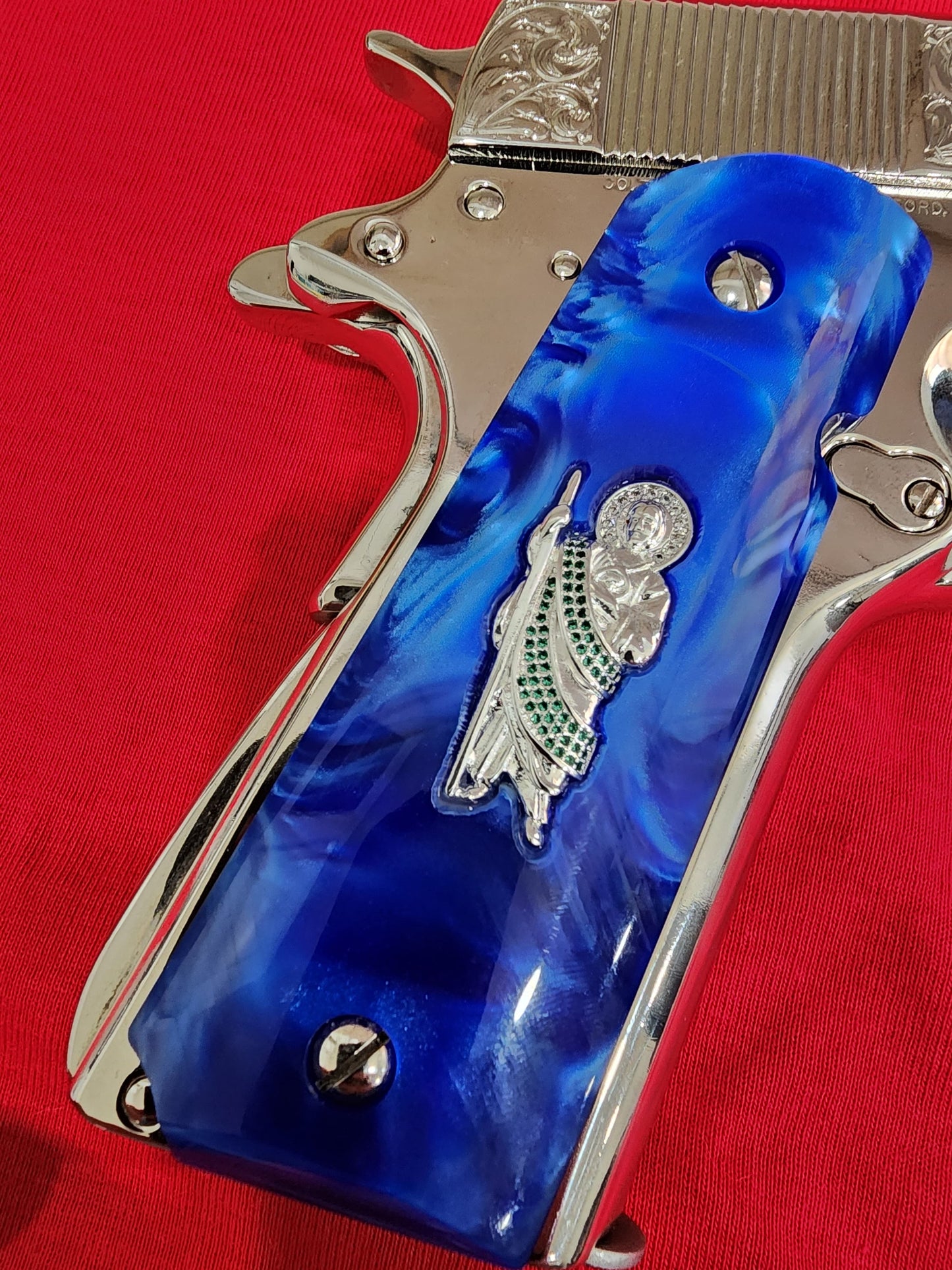 Custom Royal Blue Swirl 1911 Grips with San Judas inlay 24k Gold Plated with CZ stones – Pistol Grips, High Gloss Finish, Fits Full Size Government & Commander Models