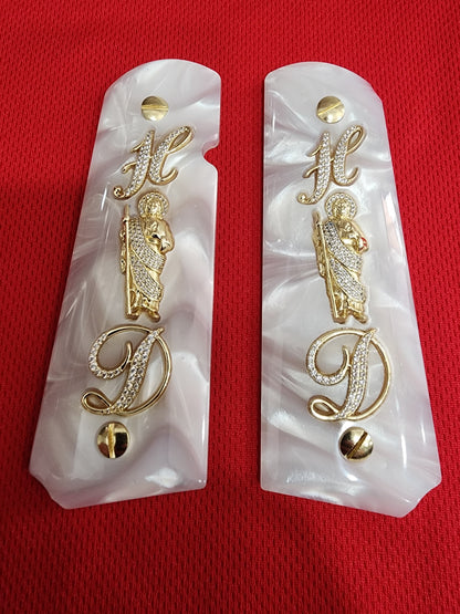 1911 White Pearlite San Judas Gold Plated & “H” “D” Intials Stones Grips – .45 ACP / .38 Super (Gold Plated Screws)