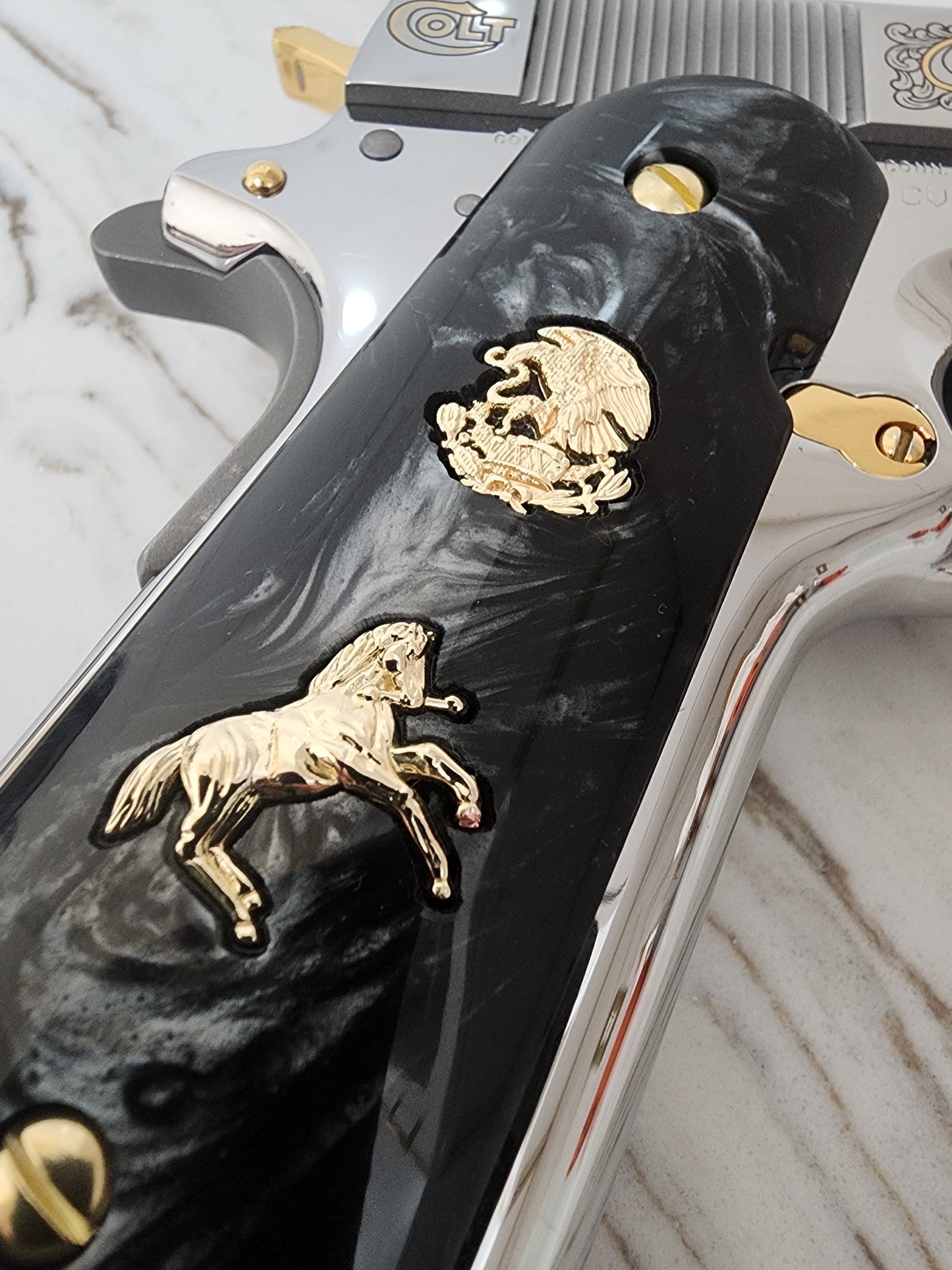 1911 Black Pearl "Aguila" “Horse” 24k Gold Plated Grips  Pearl Grips