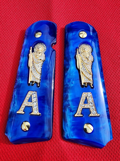 1911 Grips Royal Swirl Blue Pearlite with 24k Gold Plated San Judas and A letter (Gold Plated Screws)