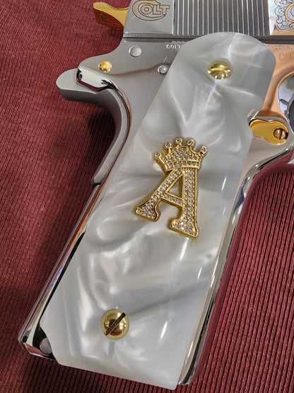 1911 White Pearlite Grips – 24k Gold plated Crown “A” Emblem – Inlays with Plated Screws