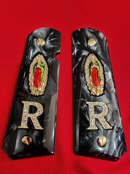 1911 Black Pearlite Virgin Mary Gold Plated 24k & Crystal “R” Grips – .45 ACP / .38 Super (Gold Plated Screws)