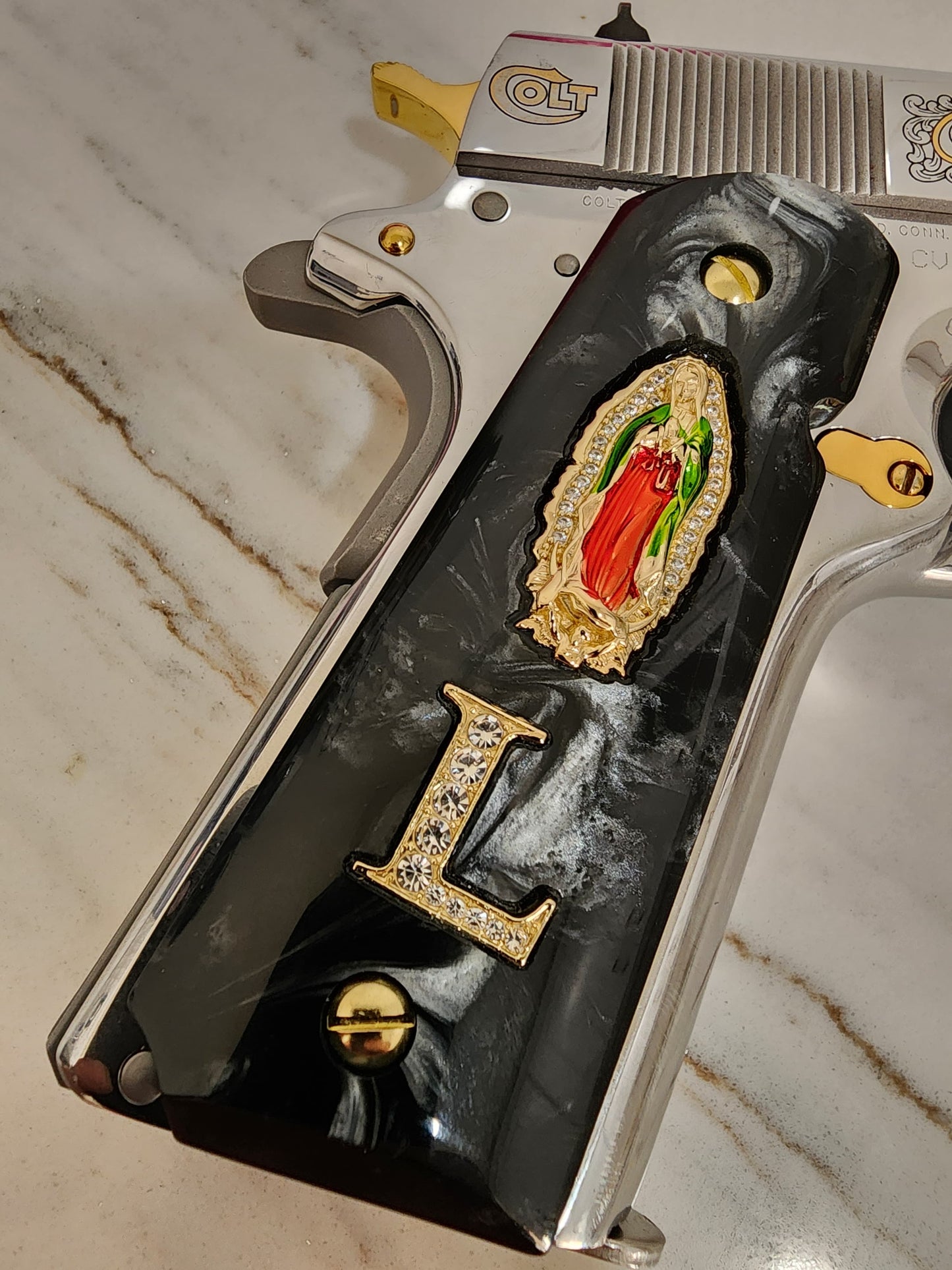 1911 Virgin De Guadalupe CZ-style crystal border with “L” letter Inlayed CZ stones 24k Gold Plated Grips White Pearl