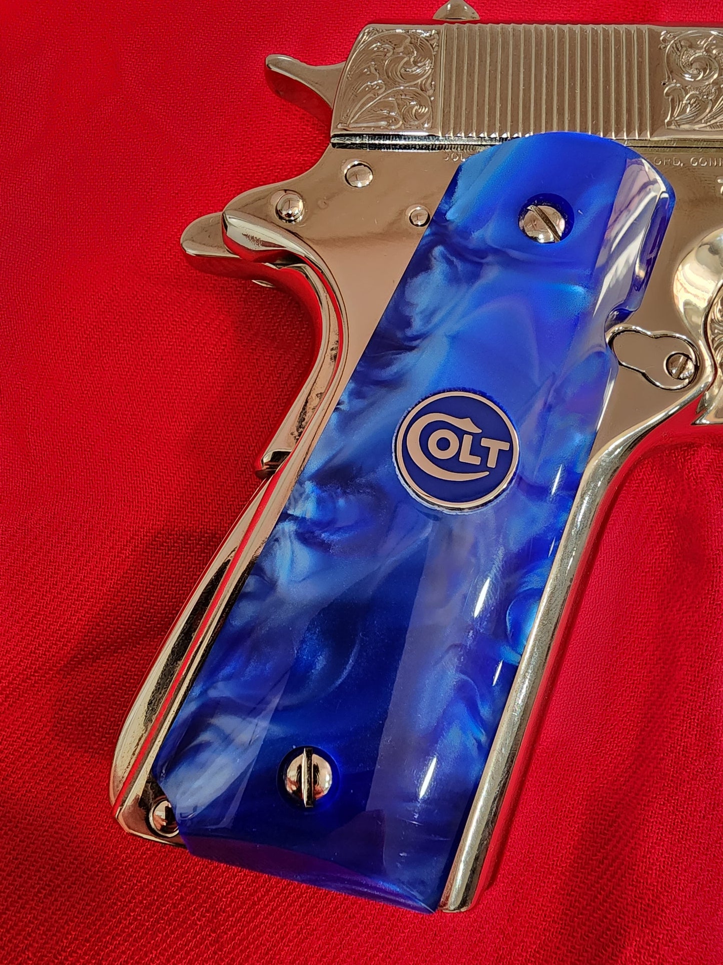 Colt 1911 Royal Blue Swirl Pearlite Grips Silver Medallion Inlay