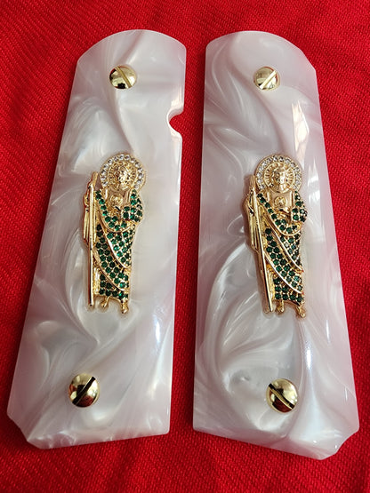 1911 Pearl Grips San Judas cz stones inlayed 24k Gold Plated 45 acp 38 Super