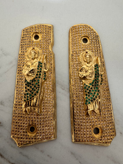 San Judas 1911 Pistol Grips –  Green CZ Stone Inlay – Full-Size 1911