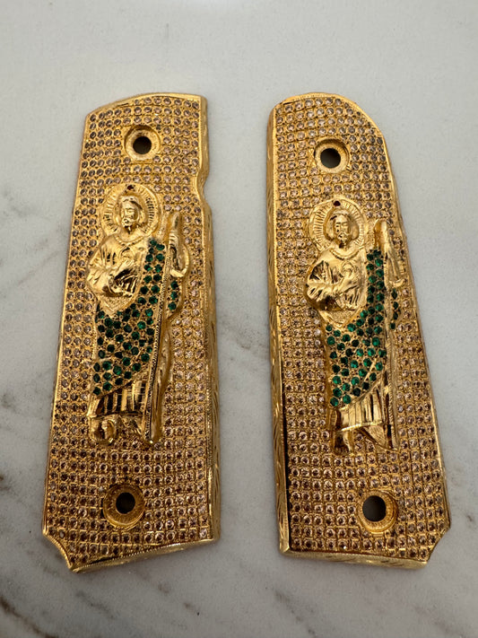 San Judas 1911 Pistol Grips –  Green CZ Stone Inlay – Full-Size 1911