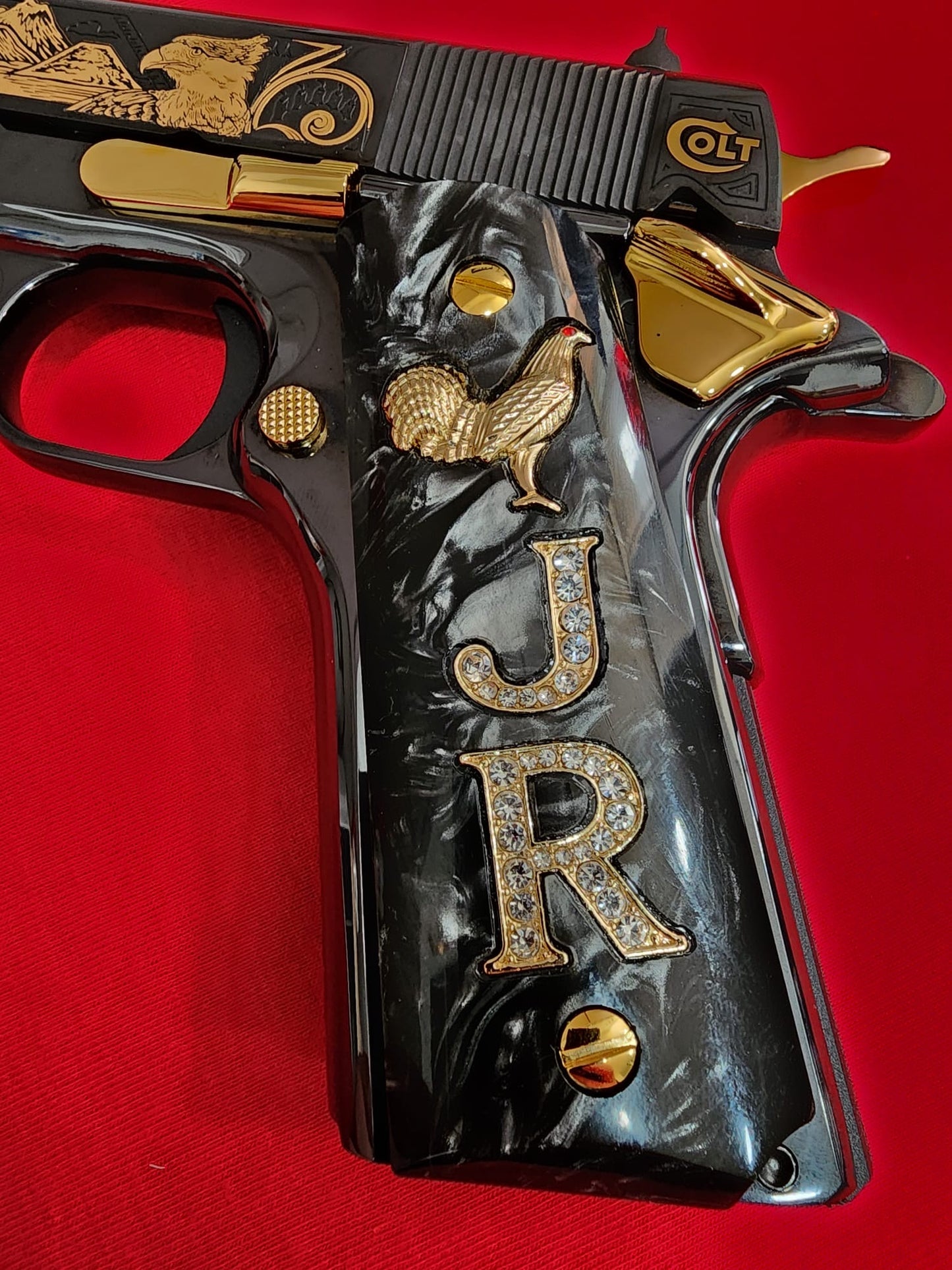 1911 White Pearlite Grips Gold plated “J” Rampant Horse “R” Inlays with 24K Gold Plated Screws