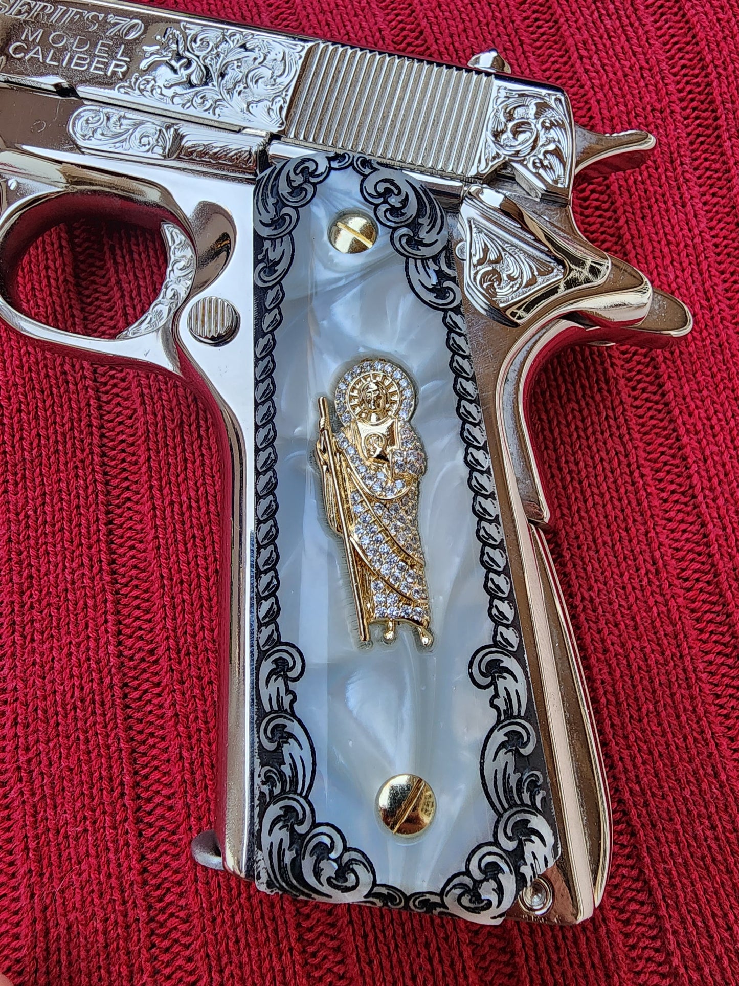 1911 White Pearlite Grips San Judas Scrolls Border cz stone inlay 24k Gold Plated 45 acp 38 Super