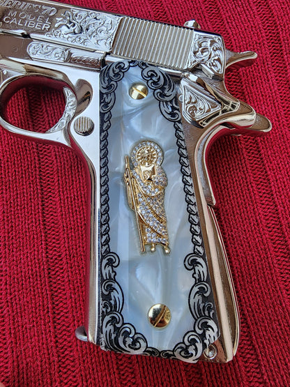 1911 White Pearlite Grips San Judas Scrolls Border cz stone inlay 24k Gold Plated 45 acp 38 Super