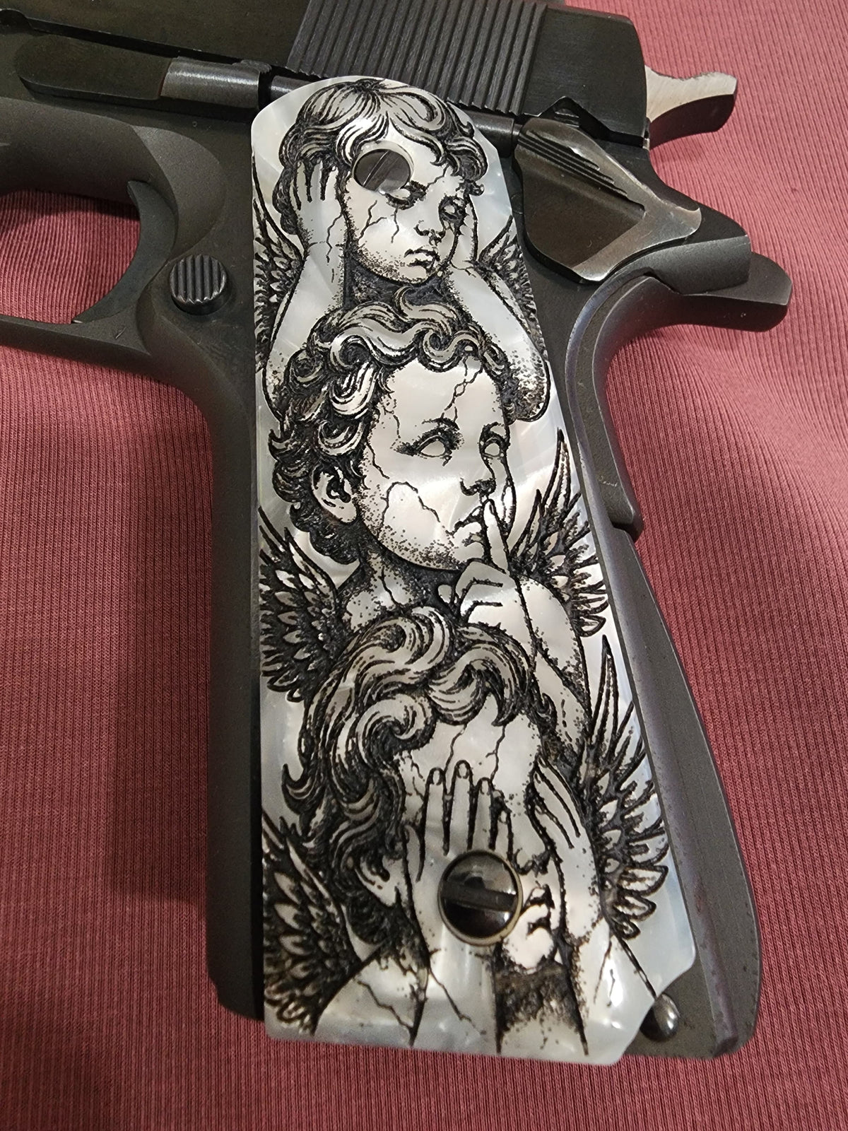 1911 White Pearlite “Hear No Evil, Speak No Evil, Say No Evil” Custom Grips 45 ACP / .38 Super