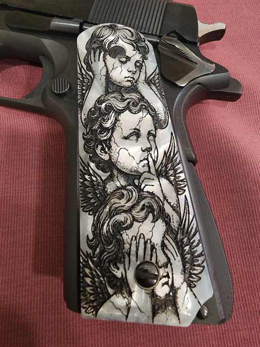 1911 White Pearlite “Hear No Evil, Speak No Evil, Say No Evil” Custom Grips 45 ACP / .38 Super