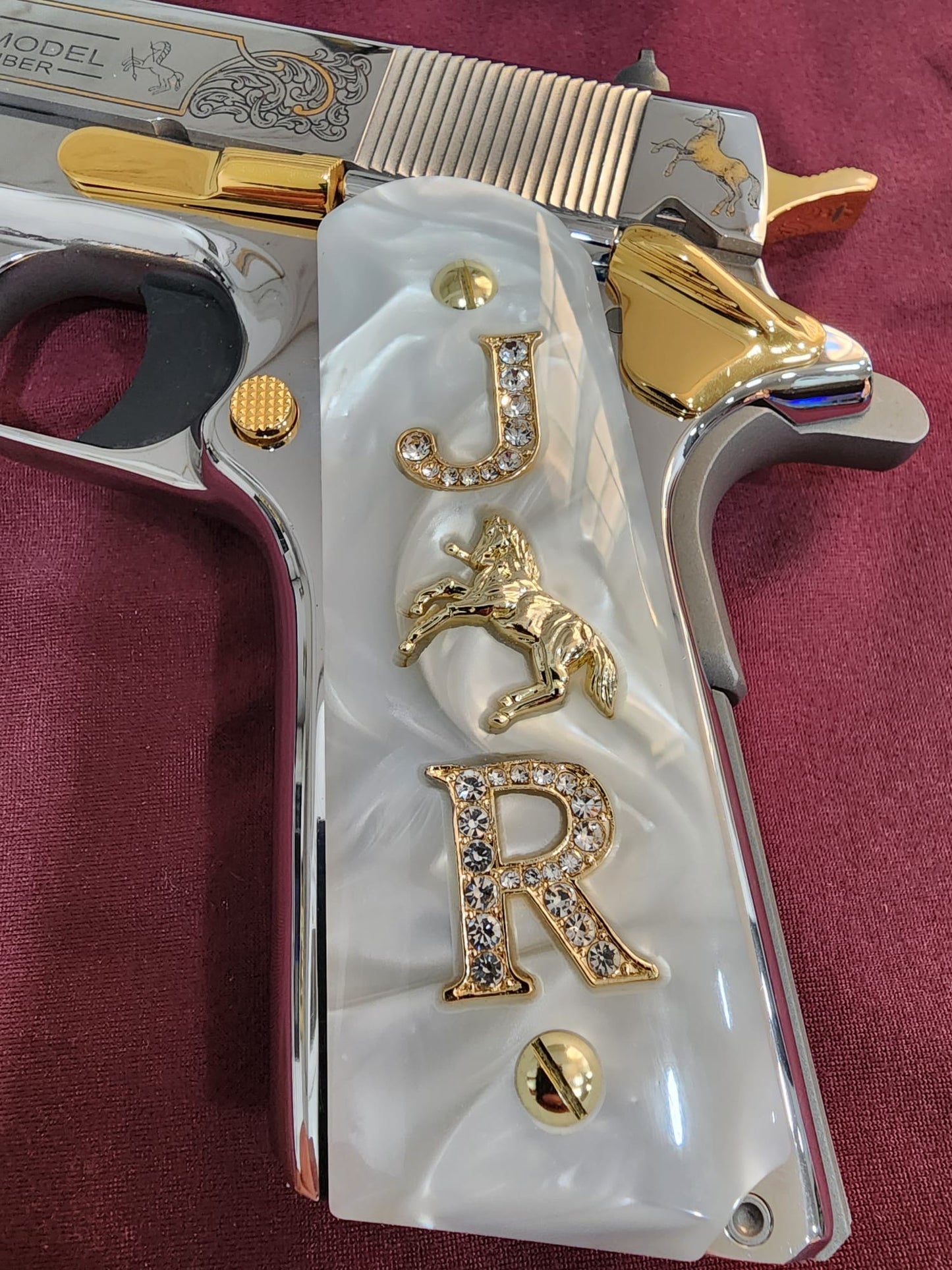 1911 White Pearlite Grips Gold plated “J” Rampant Horse “R” Inlays with 24K Gold Plated Screws