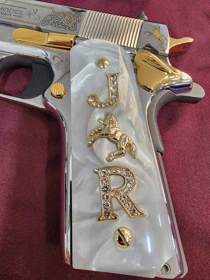1911 White Pearlite Grips Gold plated “J” Rampant Horse “R” Inlays with 24K Gold Plated Screws