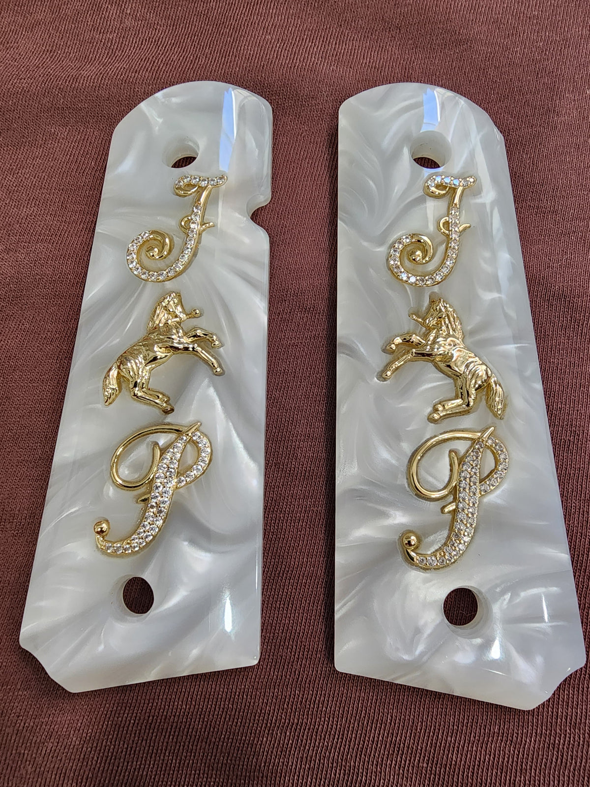 1911 White Pearlite Rampant Horse Gold Plated & Crystal “J & P” Grips – Custom Grips Inlays with 24K Gold Plated Screws