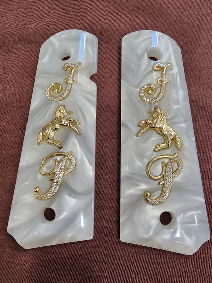 1911 White Pearlite Rampant Horse Gold Plated & Crystal “J & P” Grips – Custom Grips Inlays with 24K Gold Plated Screws