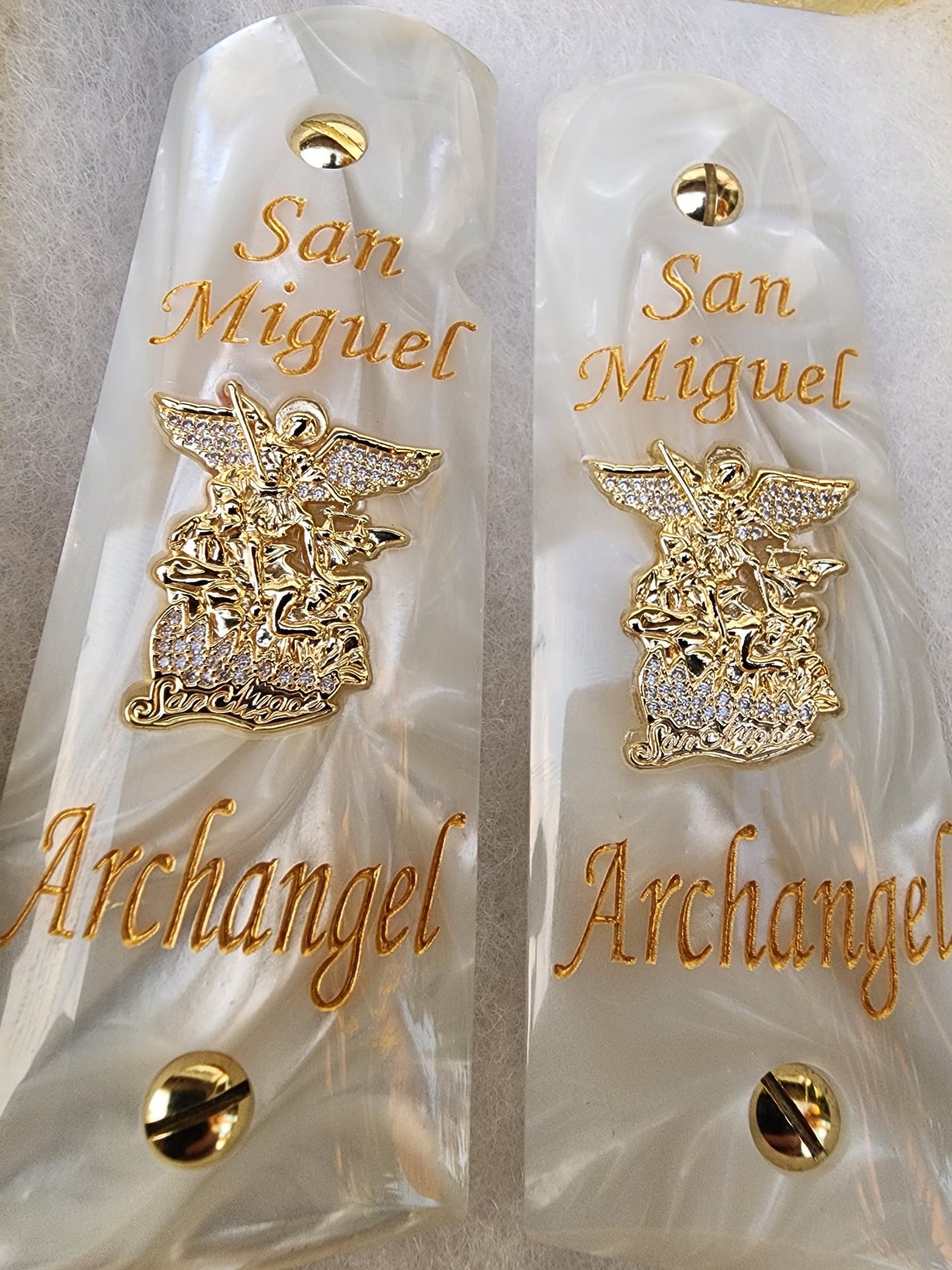 1911 White Pearlite Grip San Miguel Archangel Plated with CZ stones – Government Model Full Size