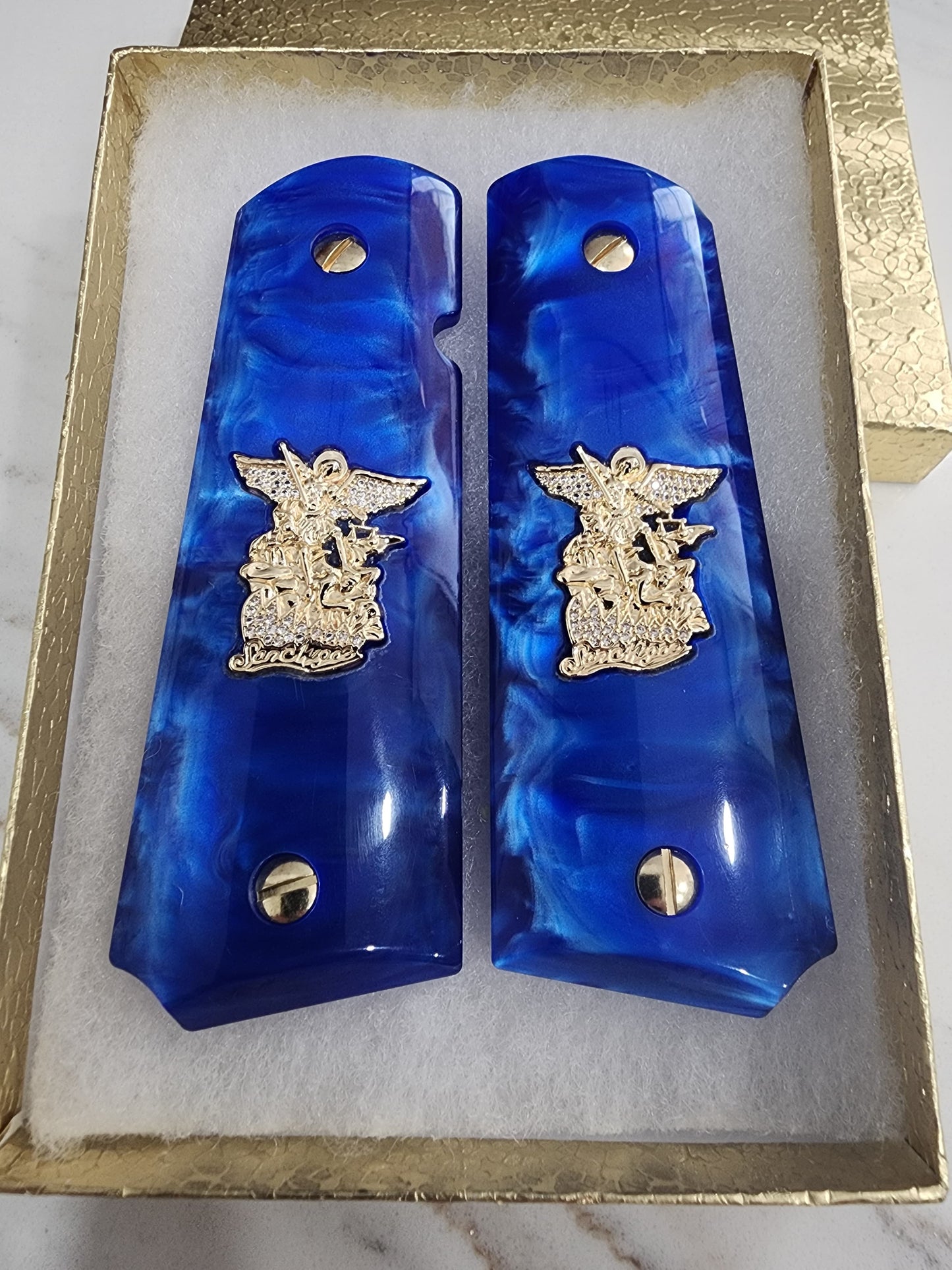 1911 Royal Blue Swirl Pearlite Grips Saint Michael Gold Plated with CZ stones – Government Model Full Size
