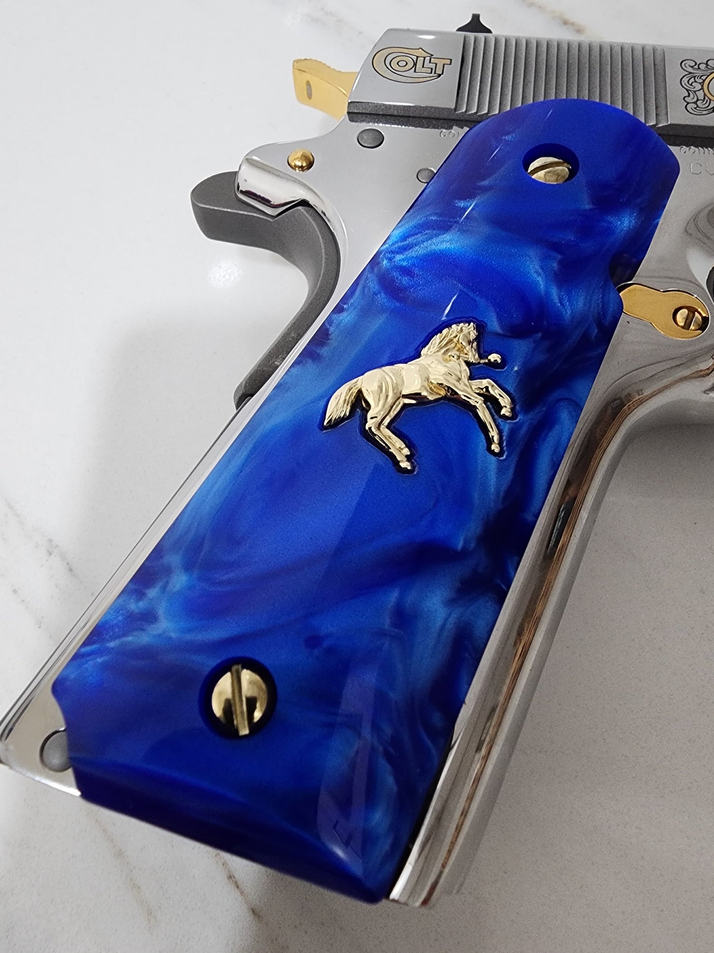 1911 Grips – Royal Swirl Blue Pearl with Rampart Horse Emblem (24k Gold Screws)