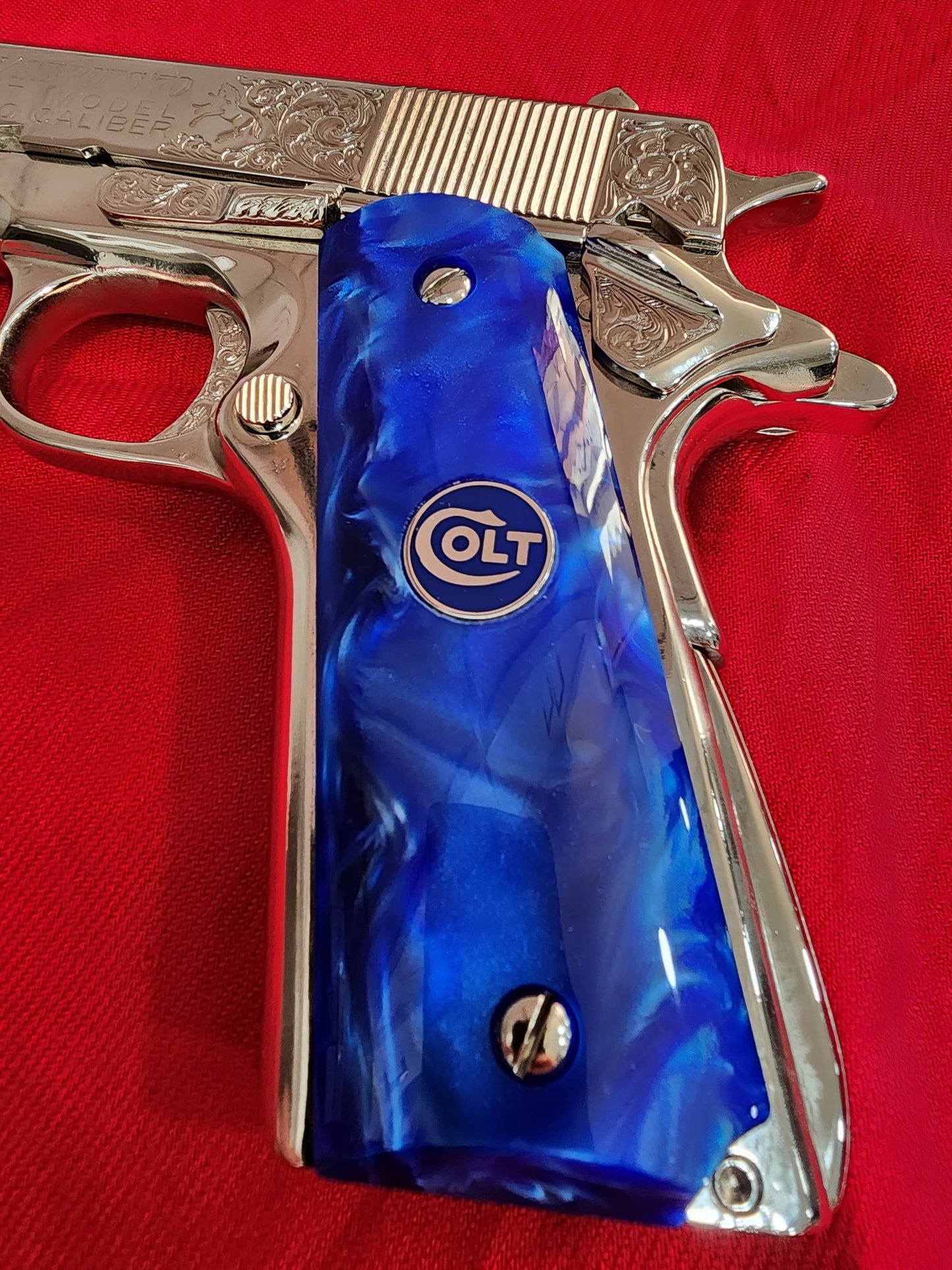 Colt 1911 Royal Blue Swirl Pearlite Grips Silver Medallion Inlay