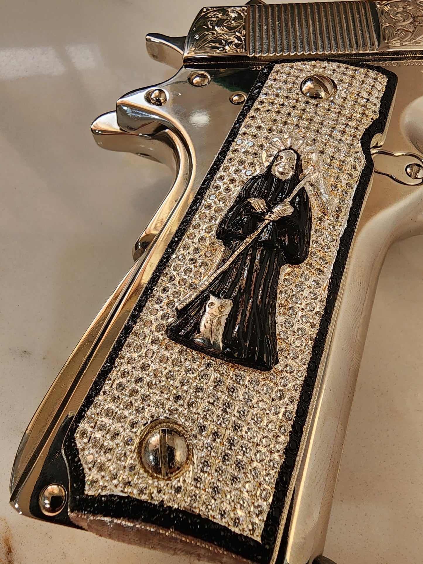 Santa Muerte 1911 Pistol Grips –  CZ Stone Inlay – Full-Size 1911