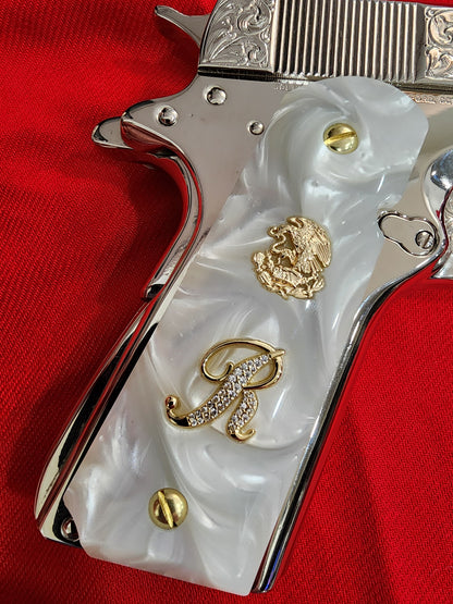 1911 White Pearlite Grips – Custom “R” Letter with Gold Mexican Eagle Inlay 38 super 45 caliber.