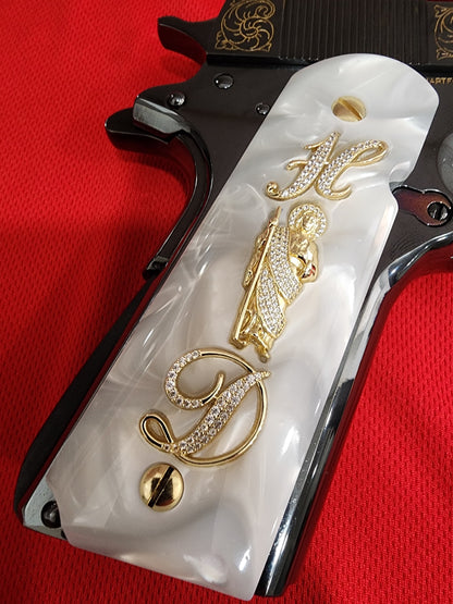 1911 White Pearlite San Judas Gold Plated & “H” “D” Intials Stones Grips – .45 ACP / .38 Super (Gold Plated Screws)
