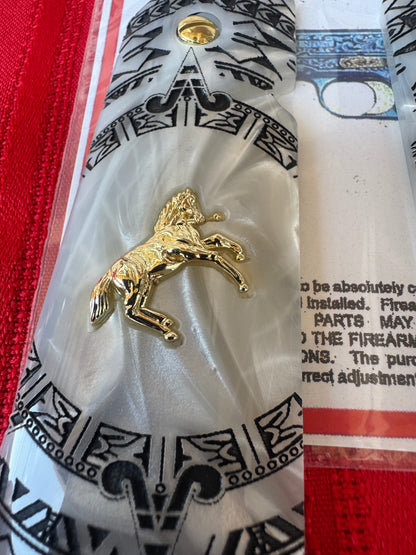 1911 Colt Gold-Plated Horse Grips – Pearl with Aztec Motif Engraving (.45 ACP / .38 Super) – Rare
