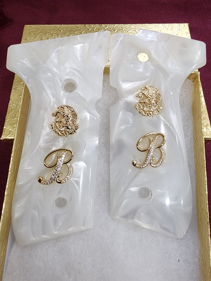 Beretta 92fs - Aguila “B” 24k Gold Plated Inlayed CZ stones - Pearlite Grips 96 Fs M9