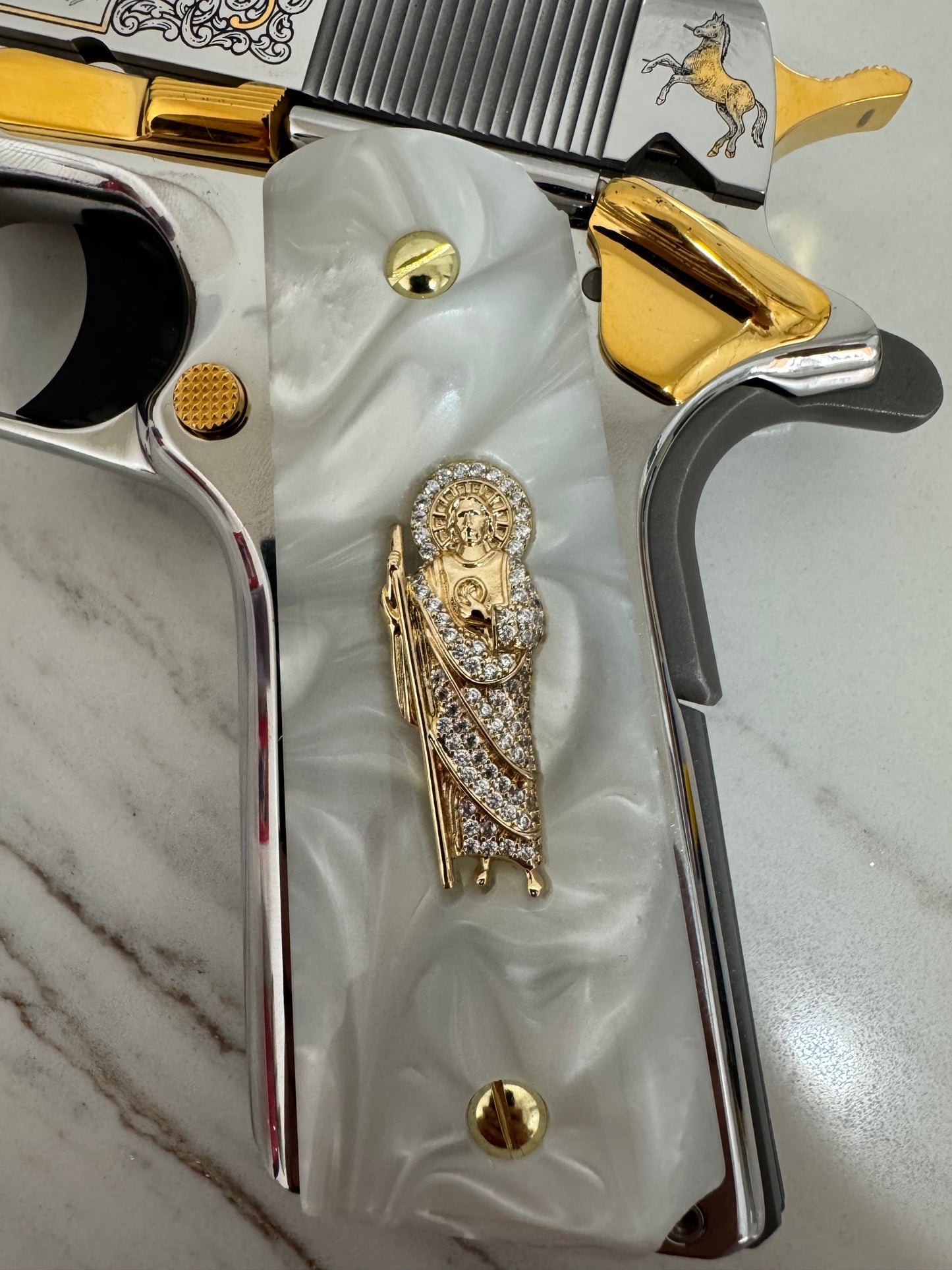1911 Pearlite Grips San Judas White cz stone inlay 24k Gold Plated 45 acp 38 Super