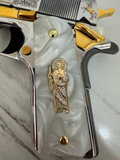 1911 Pearlite Grips San Judas White cz stone inlay 24k Gold Plated 45 acp 38 Super
