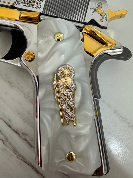1911 Pearlite Grips San Judas White cz stone inlay 24k Gold Plated 45 acp 38 Super