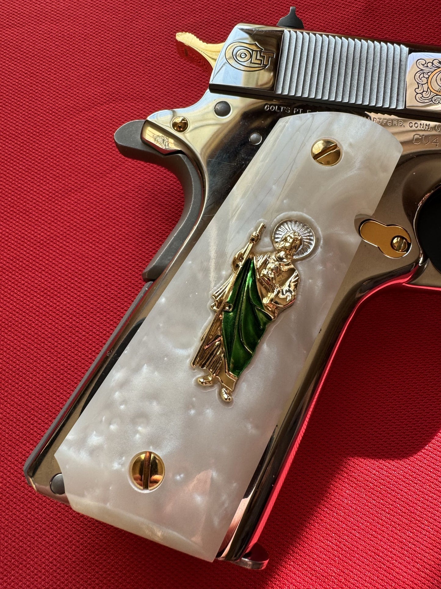 1911 Grips Engraved Pearl Grips San Judas inlayed 24k Gold Plated 45 acp 38 Super