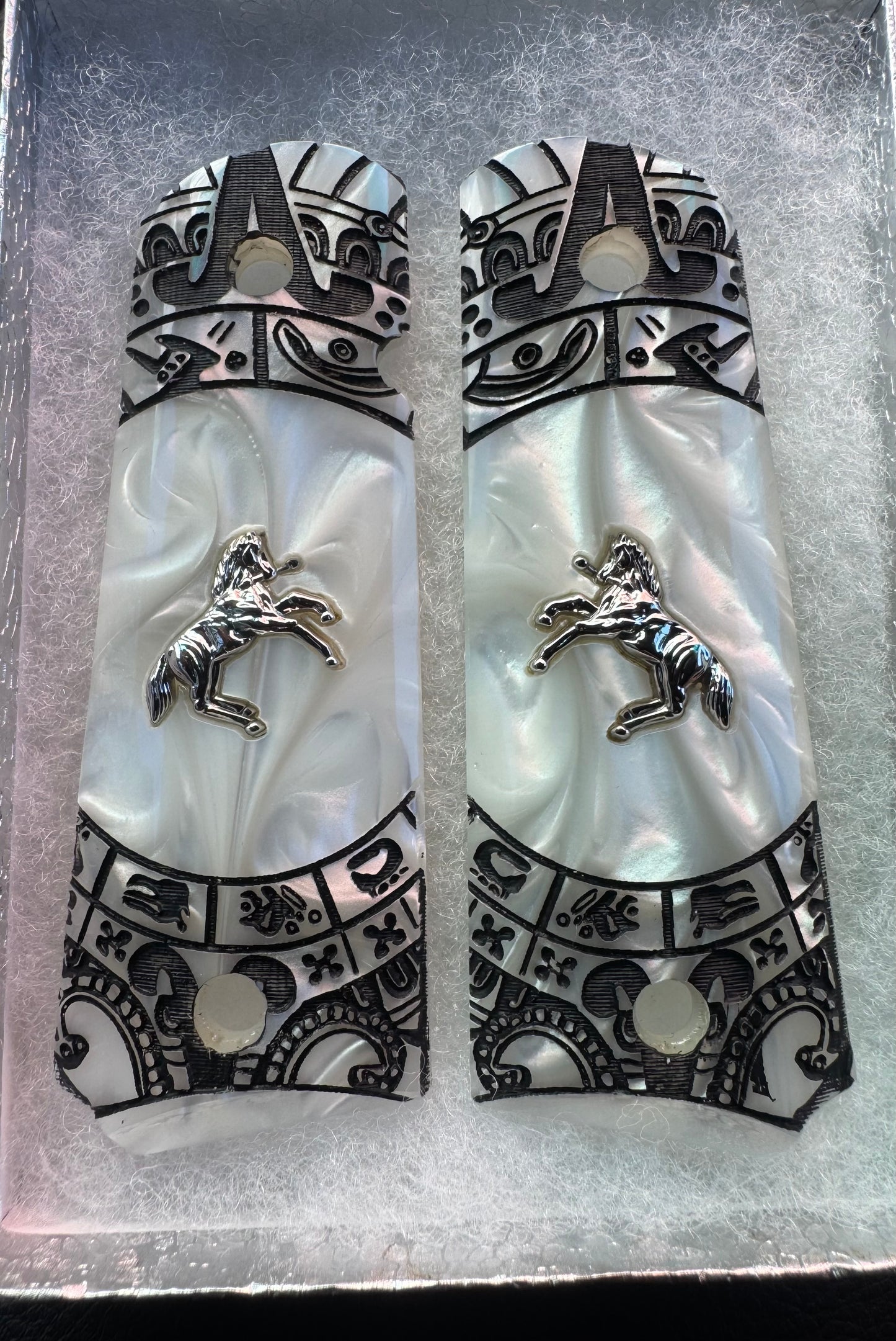1911 Colt Nickel Plated Horse Grips Pearlite with Aztec Motif Engraving (.45 ACP / .38 Super)
