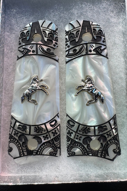1911 Colt Nickel Plated Horse Grips Pearlite with Aztec Motif Engraving (.45 ACP / .38 Super)