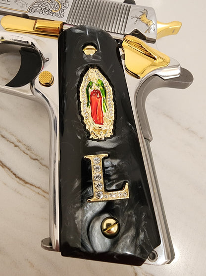 1911 Virgin De Guadalupe CZ-style crystal border with “L” letter Inlayed CZ stones 24k Gold Plated Grips White Pearl