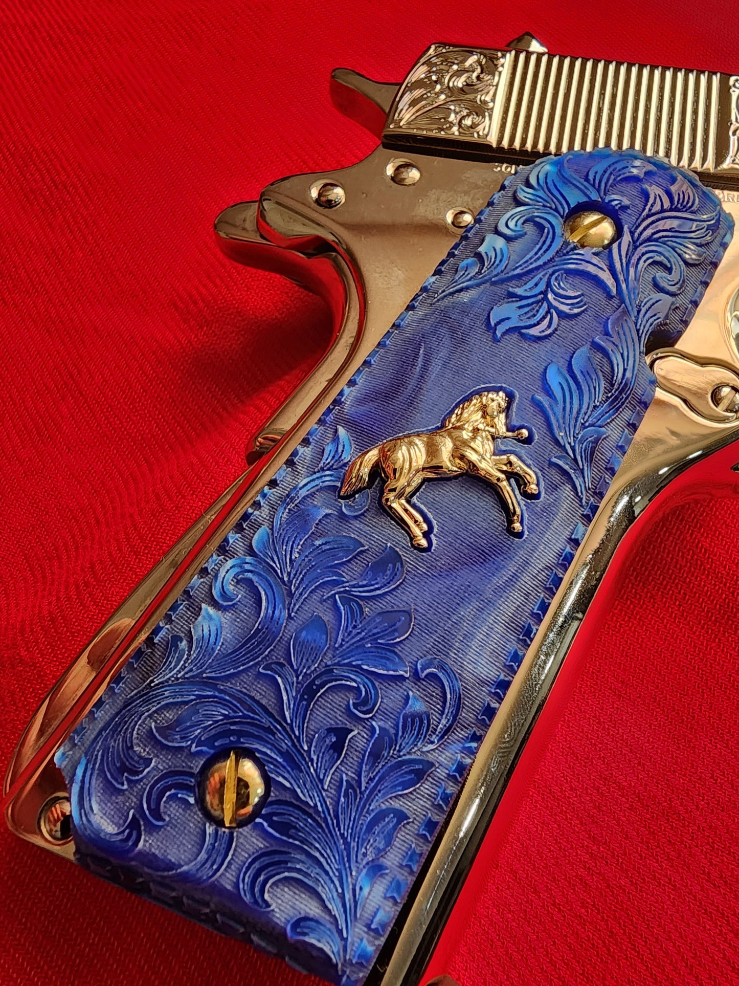1911 Grips  Engraved Royal Swirl Blue Pearl with Rampart Horse Emblem (24k Gold Screws)