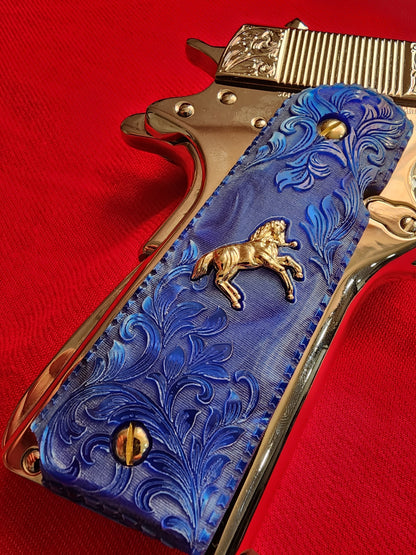 1911 Grips  Engraved Royal Swirl Blue Pearl with Rampart Horse Emblem (24k Gold Screws)