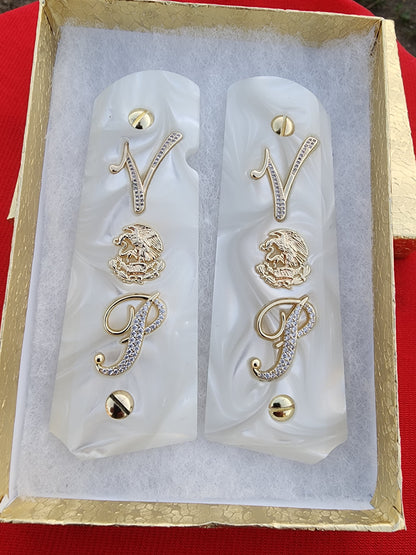 1911 White Pearl Grips Gold plated “V” Aguila “P” Inlays with Aguila Emblem & 24K Gold Plated Screws
