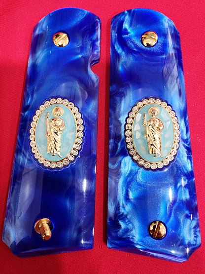1911 Royal Blue Swirl Pearlite Grip – San Judas Gold Oval Plated with CZ stones border – Government Model