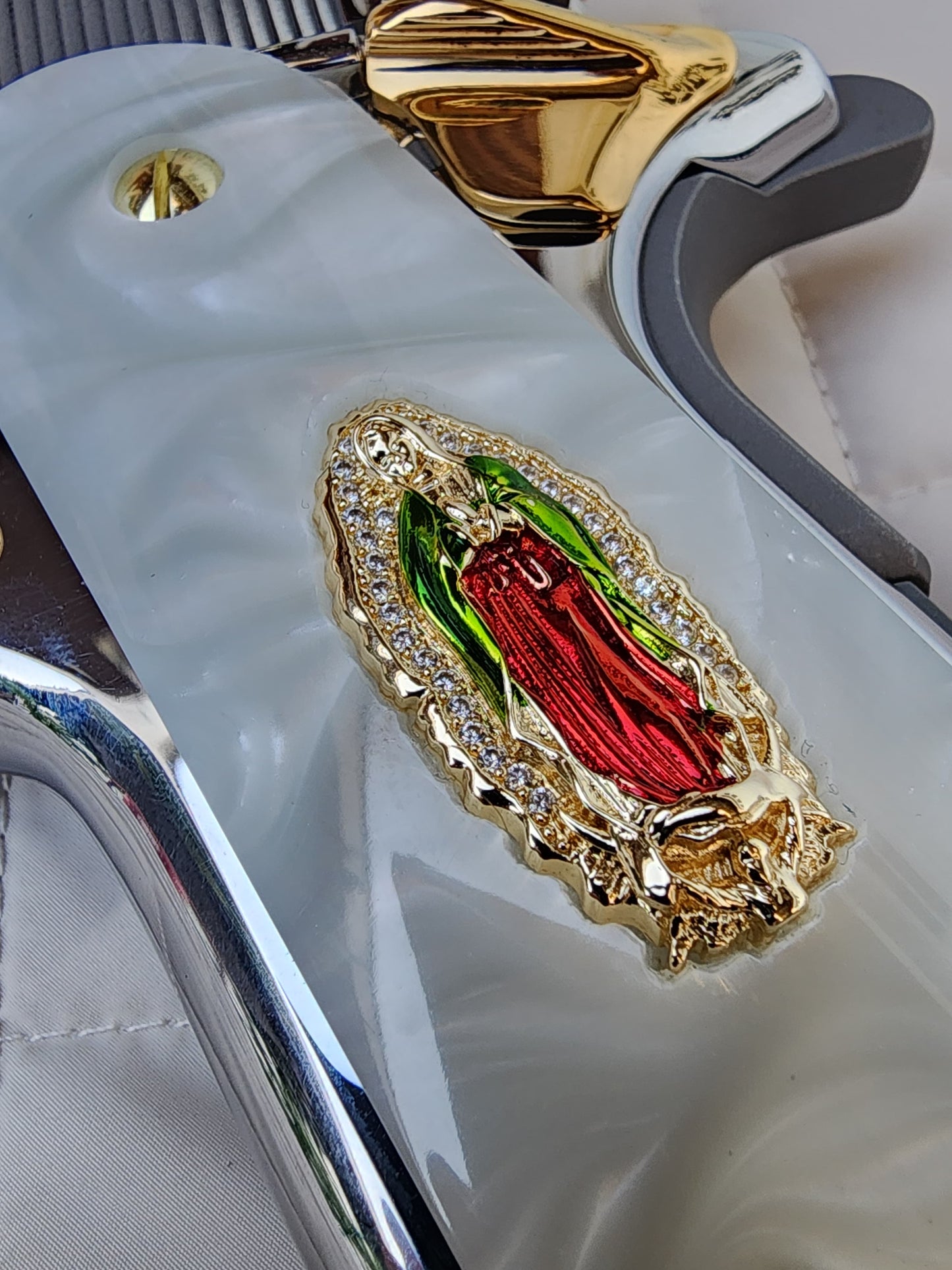 1911 Virgin De Guadalupe CZ-style crystal border 24k Gold Plated Inlayed Grips White Pearl Grips