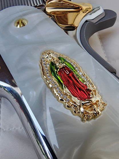1911 Virgin De Guadalupe CZ-style crystal border 24k Gold Plated Inlayed Grips White Pearl Grips