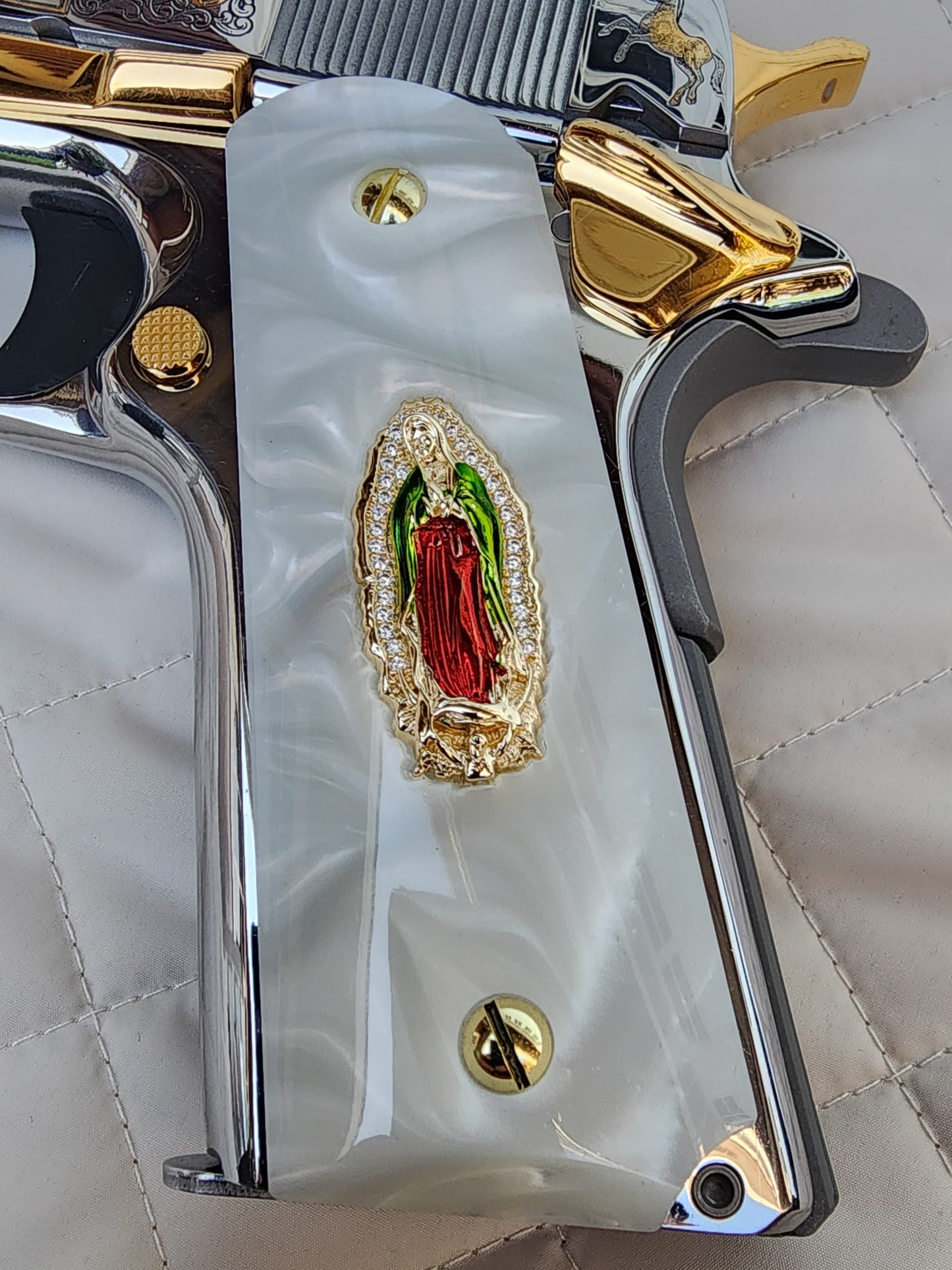 1911 Virgin De Guadalupe CZ-style crystal border 24k Gold Plated Inlayed Grips White Pearl Grips