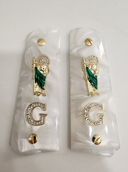 1911 White Pearlite San Judas Gold Plated & Crystal “G” Grips – .45 ACP / .38 Super (Gold Plated Screws)